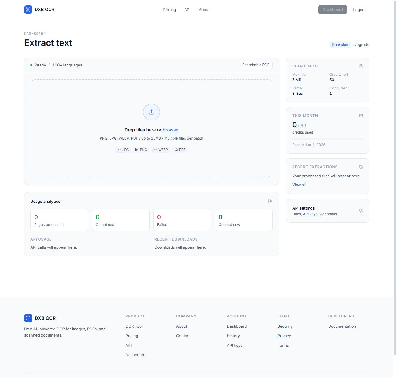 DXB OCR dashboard with usage, credits, and history