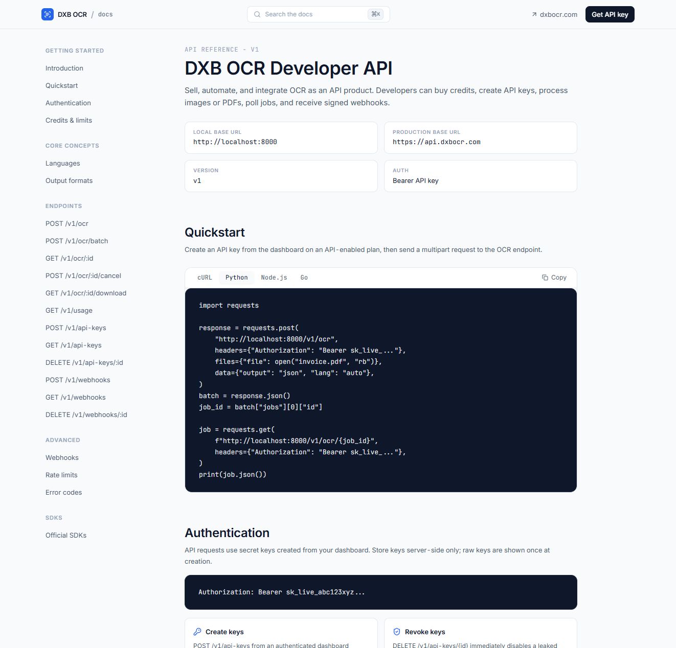 DXB OCR API documentation with endpoint examples